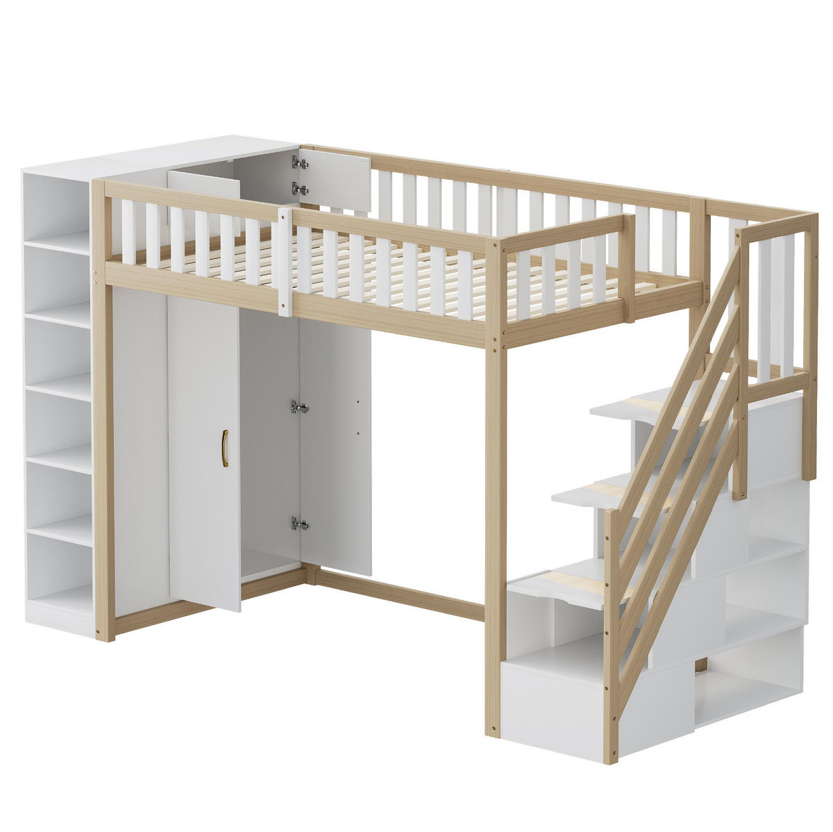 HOCHBETT 90/200 cm aus Holz mit Kleiderschrank, Regalen und Leiter mit Stauraum Weiß/Natur - Naturfarben, Holz (90/200cm) - Modenvie