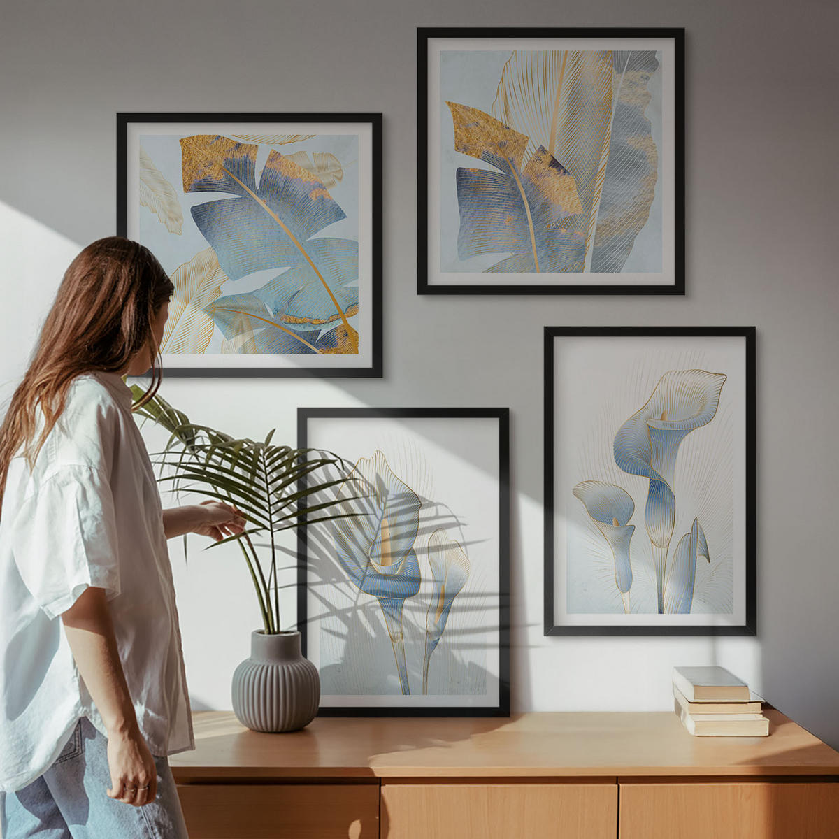 BILDER SET 4er Set - 50x50 cm & 40x60 cm Schwarzer Rahmen - Blaue Blumen im Hintergrund - Schwarz, Kunststoff (50/50cm) - TULUP