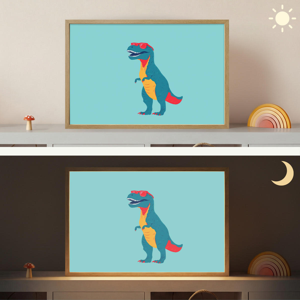 NÁSTĚNNÁ LAMPA S AKUMULÁTOREM Dinosaurus - Modrá - Sluneční brýle 60x40 cm - světle modrá, kompozitní dřevo (60/40/8cm) - OnlyWow