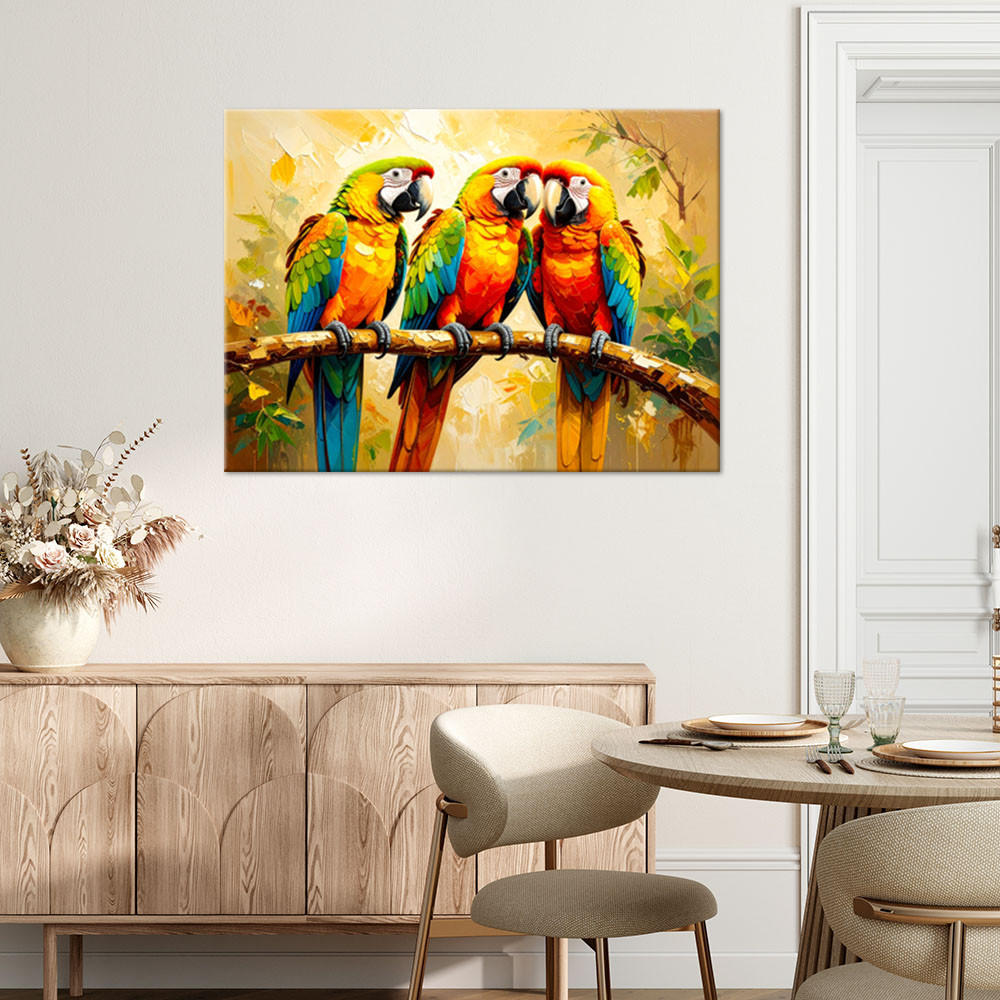 LEINWANDBILD Bunte Papageien auf einem Ast 100x70cm - Multicolor, Textil (100/70cm) - Feeby