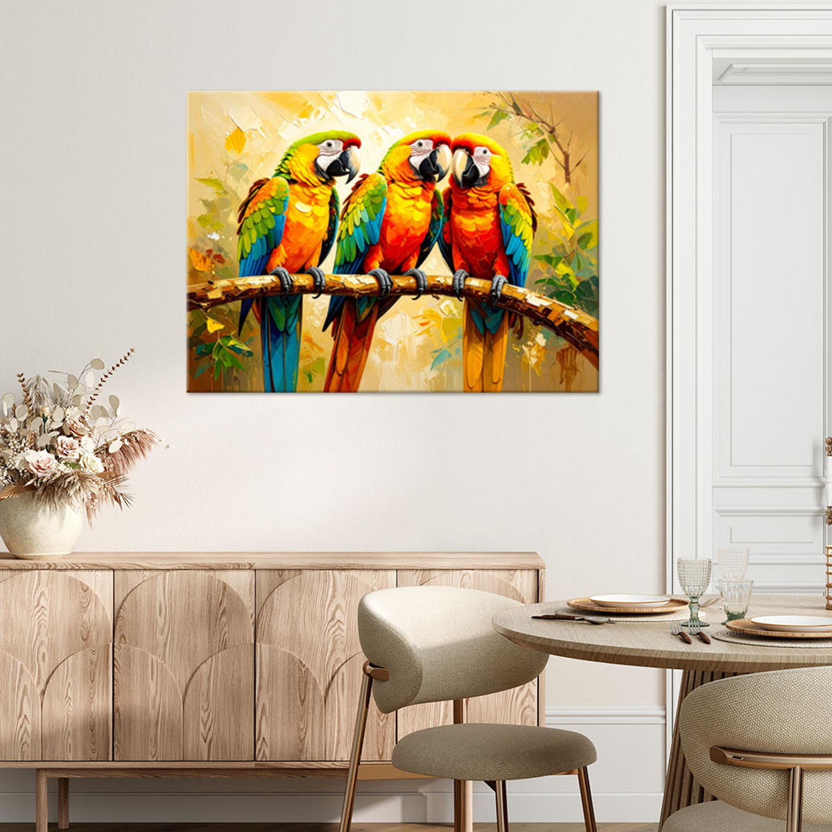 LEINWANDBILD Bunte Papageien auf einem Ast 100x70cm - Multicolor, Textil (100/70cm) - Feeby