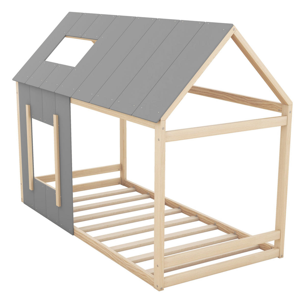 KINDERBETT 90/200 cm in Hausform mit Dach und Fenster aus Kiefern Holzwerkstoff und MDF, Natur/Grau - Grau, Holzwerkstoff (90/200cm) - Redom