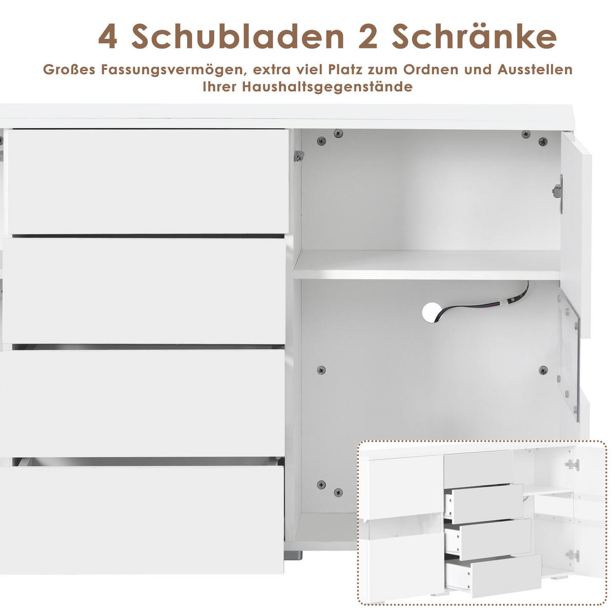 SIDEBOARD 140/35/72 cm mit 2 Acryltüren, 4 Schubladen & LED in Weiß - Weiß, Holzwerkstoff (145/72/35cm) - BEAOK