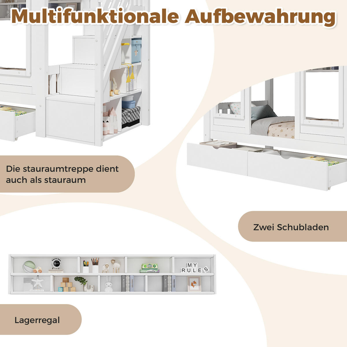 HOCHBETT 90/200 cm in Weiß mit Stauraumtreppe, Schublade und offenen Fächern aus Kiefernholz und MDF - Weiß, Holzwerkstoff (90/200cm) - STILVORA