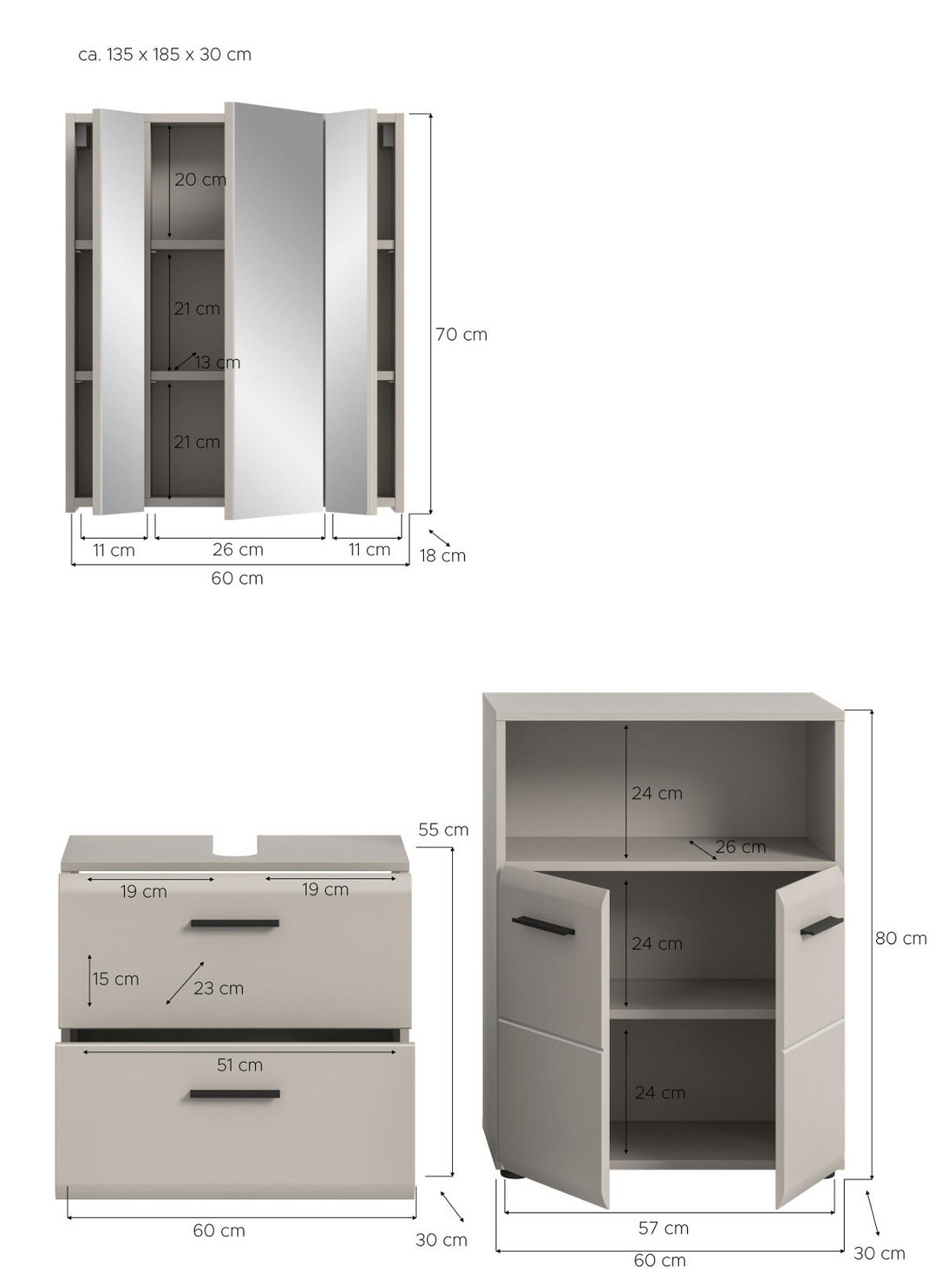 BADMÖBEL-SET Kaschmir 3-teilig 135 cm, Komplettset in modernem Design - Kaschmir/Schwarz, Glas/Holzwerkstoff (135/185/30cm) - Inn.Furn
