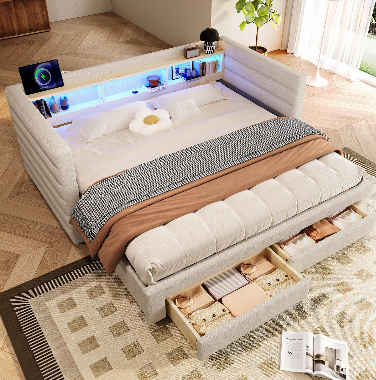 TAGESBETT 90/190 cm Beige aus Samt mit Ausziehfunktion und LED - Beige, Textil (90/190cm) - OKWISH