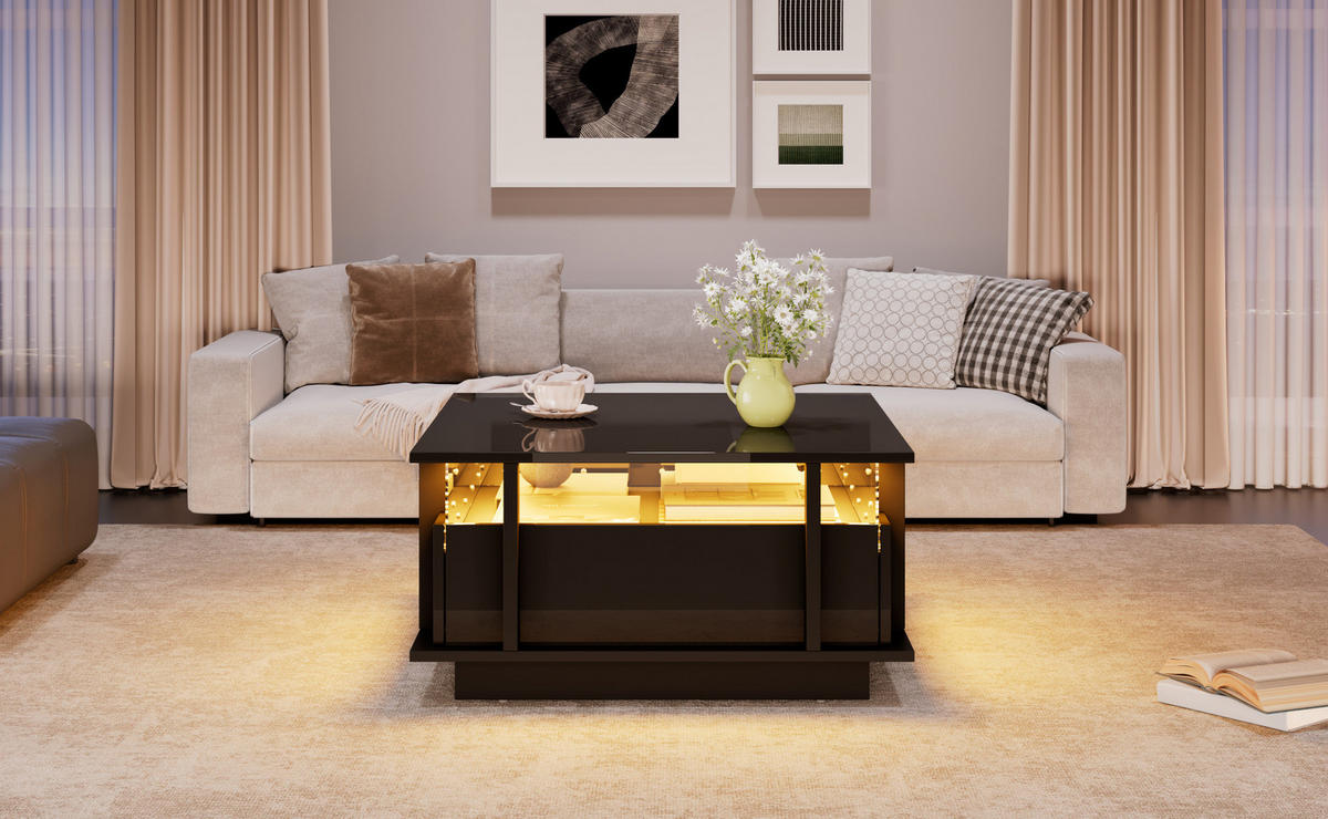 COUCHTISCH 70/70/35 cm Schwarz aus Holzwerkstoff mit LED-Beleuchtung und 2 Schubladen - Schwarz, Holzwerkstoff (70/70/35cm) - OKWISH