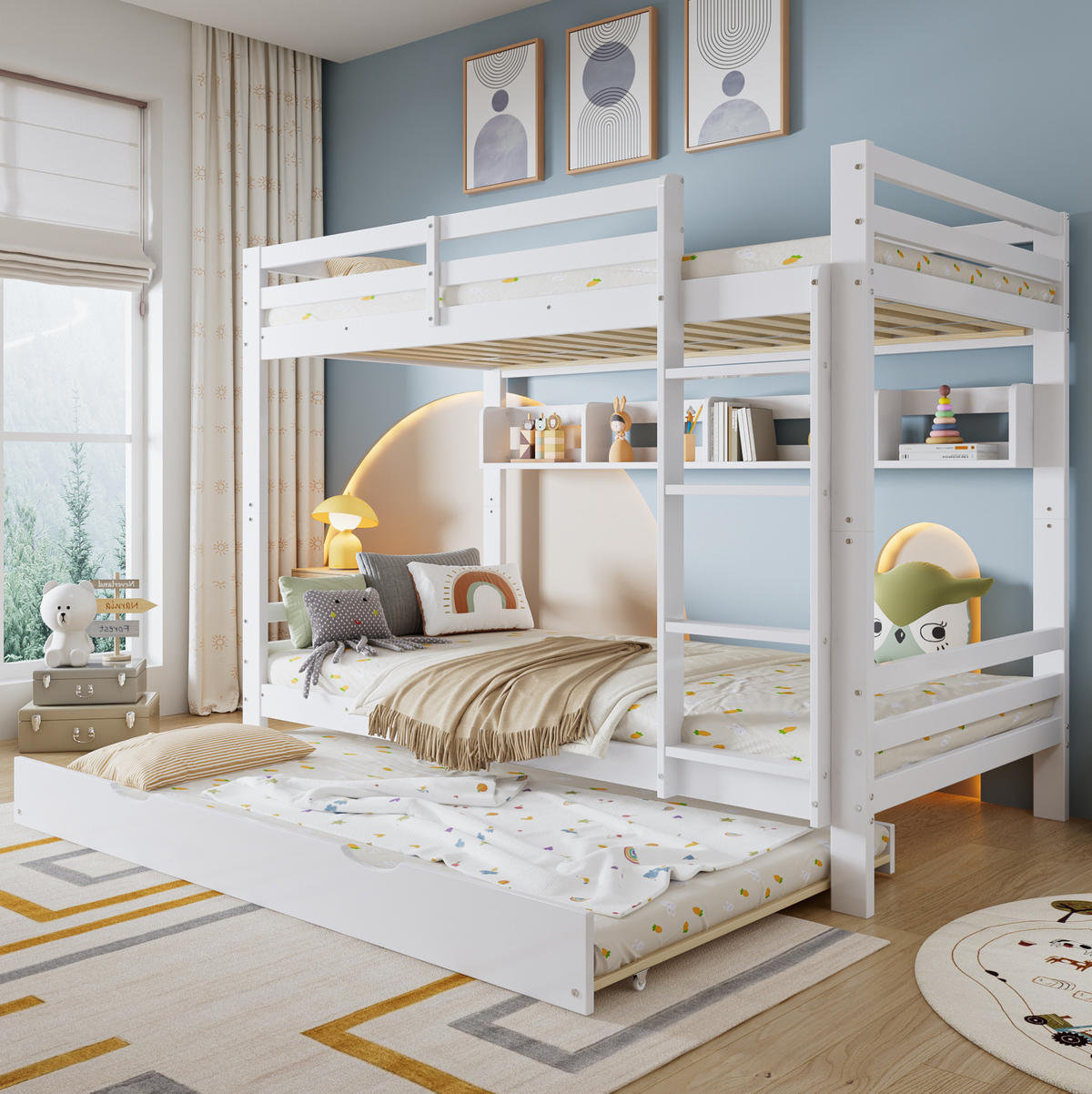ETAGENBETT 90/200 cm in Weiß mit Ausziehbett und Regal - Weiß, Holz - BEAOK