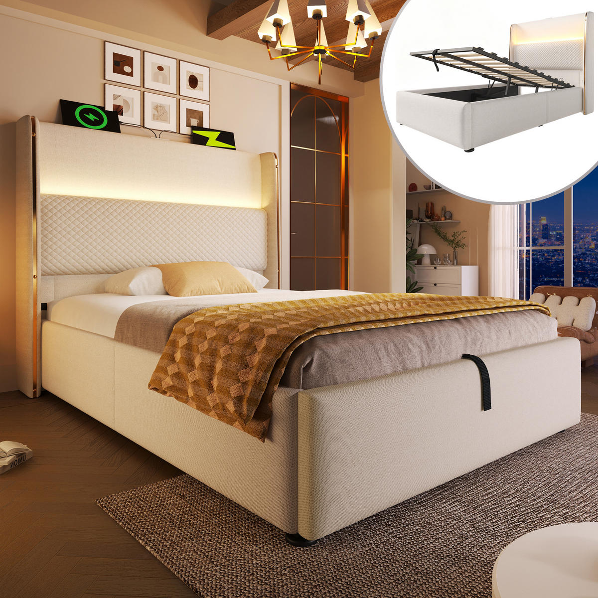 STAURAUMBETT 90/200 cm DE-00569, in Beige, hydraulischem Stauraum - Beige, Metall (90/200cm) - ComfortXL