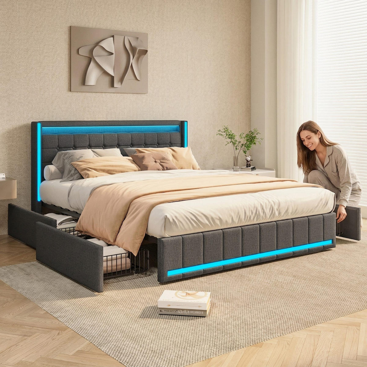 DOPPELBETT 140x200cm grau leinen led schubladen usb typ-c - Dunkelgrau, Metall - SHOPENTRA