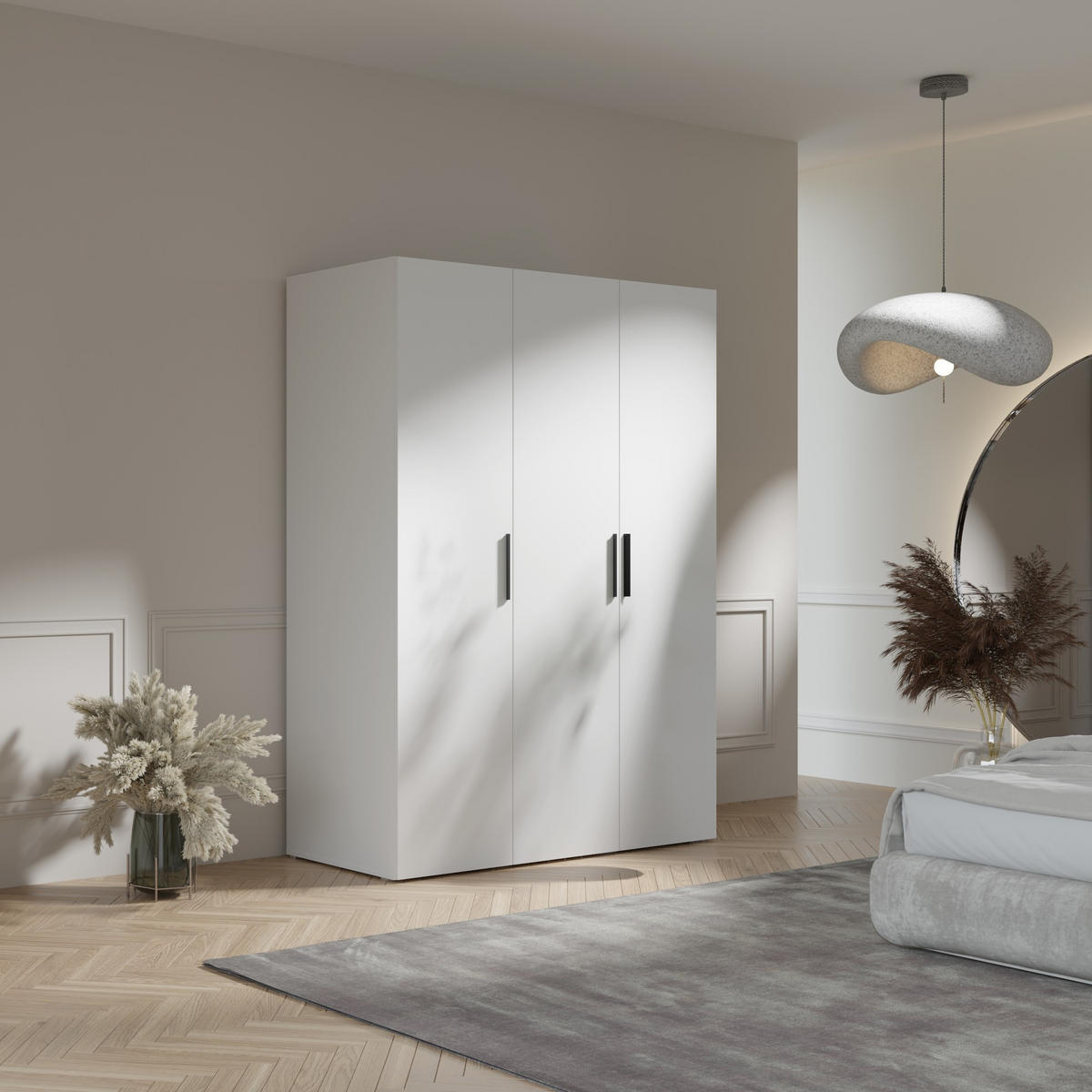 DREHTÜRENSCHRANK Napoli 3D 150 Weiß (schwarzer oder goldener Griff) - Silberfarben/Schwarz, Holzwerkstoff/Kunststoff (150/35/60cm) - mzm24