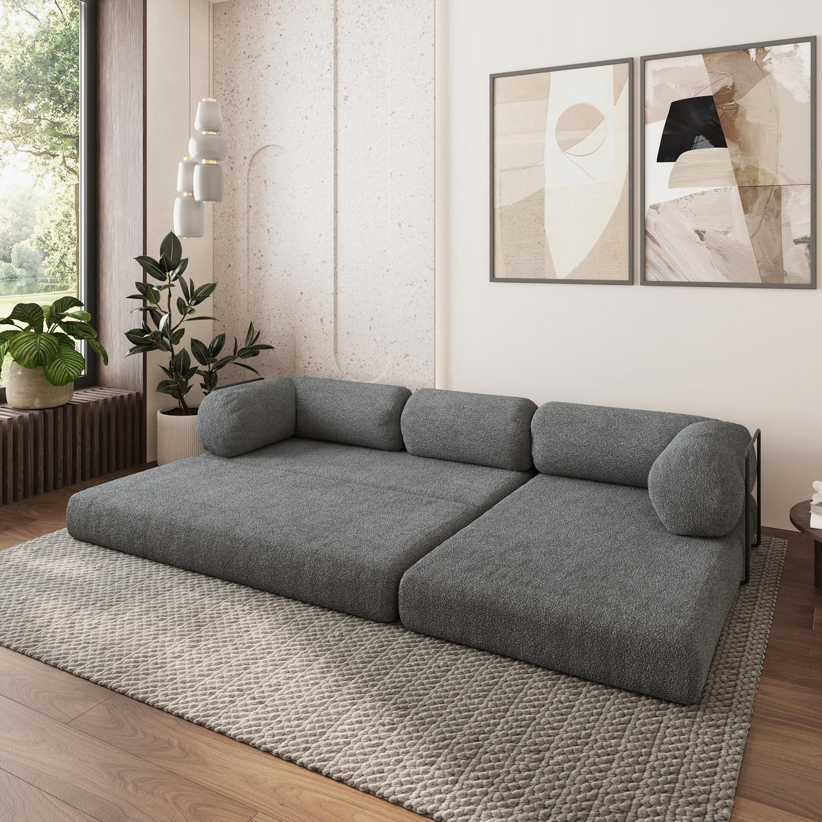 ROHOVÁ SEDAČKA KELI modulární Boneless pohovka s funkcí spaní, šedá QUELLE 92 - šedá, textil (270/160cm) - MASSENO