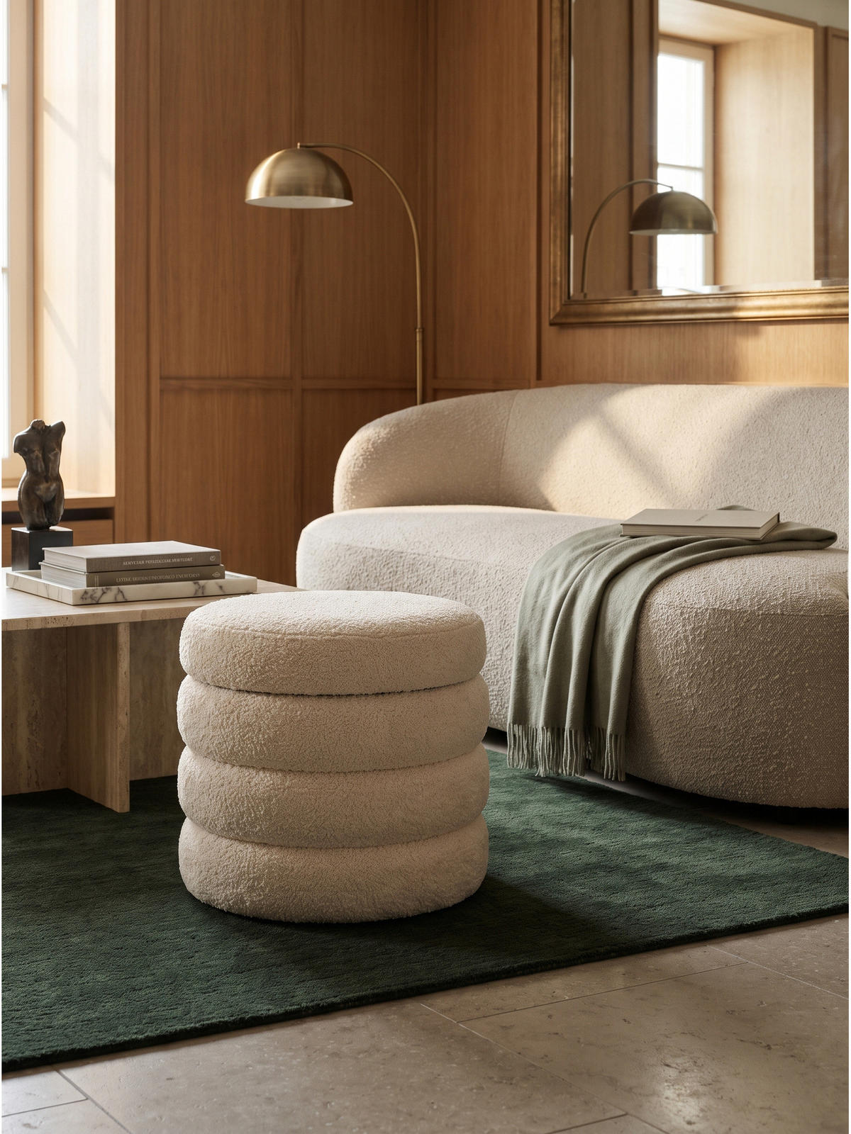 SITZHOCKER RHONE, Teddystoff, mit Textilbezug, Creme, Ø 40 x 45 cm - Beige/Creme, Textil (40/45/40cm) - KADIMA DESIGN