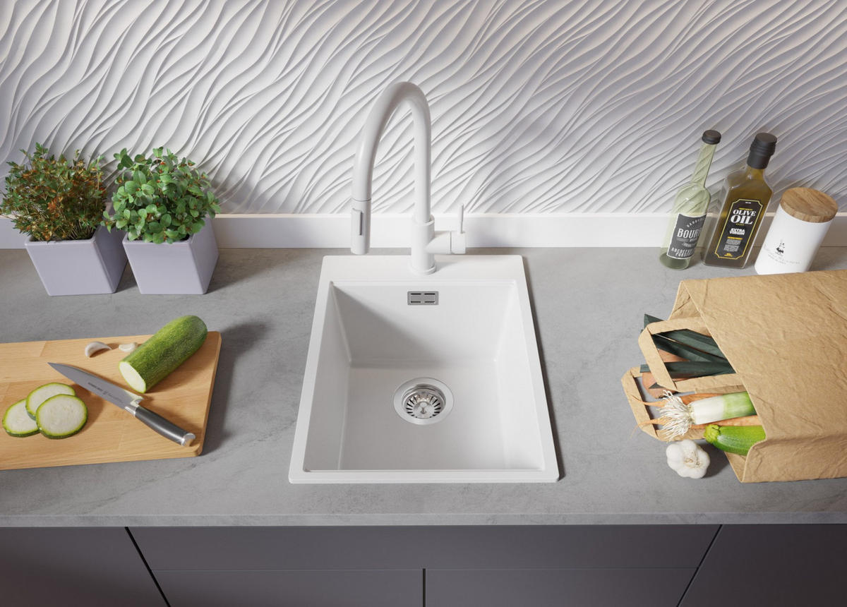 SPÜLBECKEN Oslo, 2-er set Alles Weiß 38/50 cm 1 Becken + Ablauf-Set + Schneidebrett ab 40er Unterschrank - Beige/Weiß, Kunststoff (38/20/50cm) - Primagran