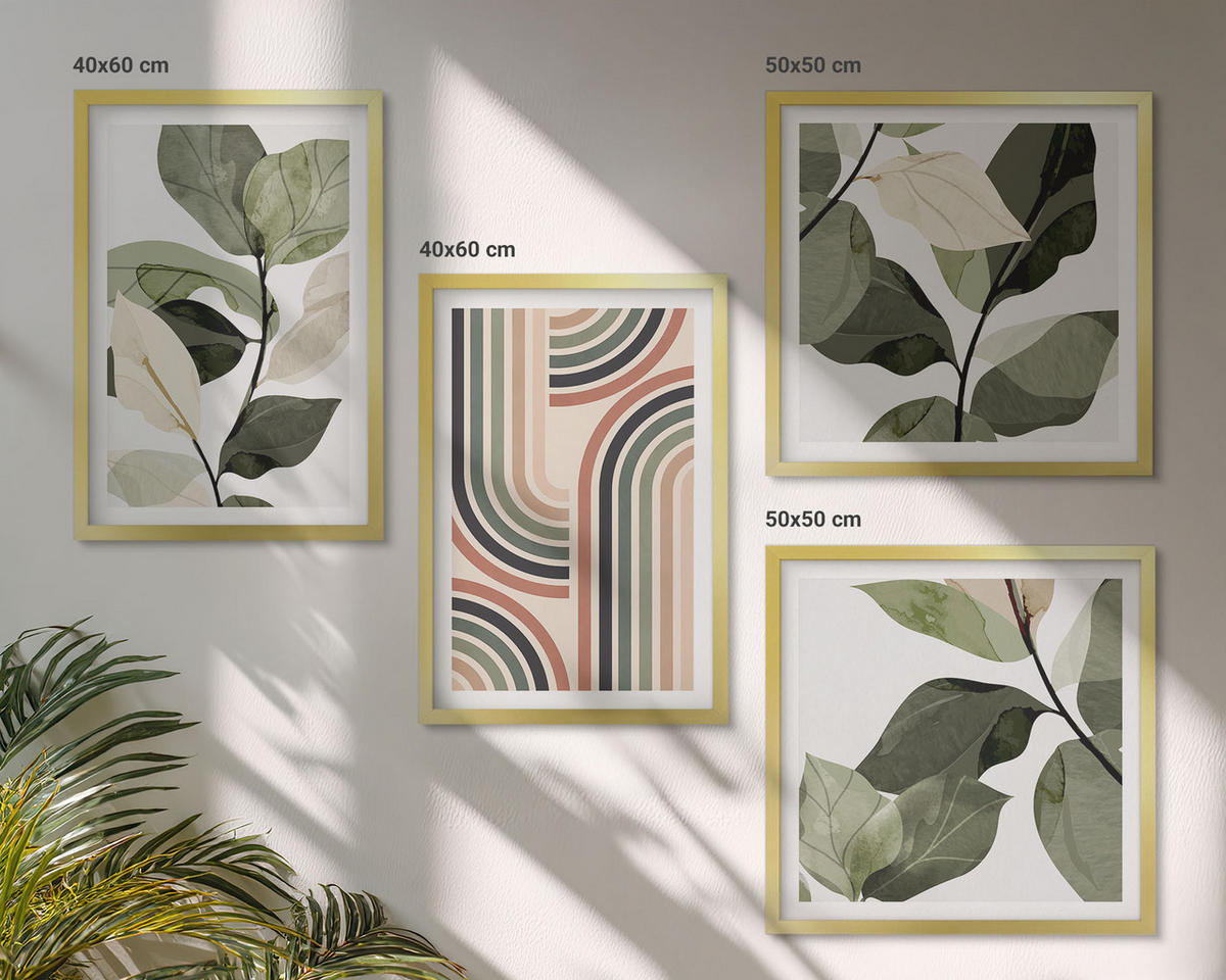 BILDER SET 4er Set - 50x50 cm & 40x60 cm Goldrahmen - Geometrische Pflanzenmotive - Goldfarben, Kunststoff (50/50cm) - TULUP