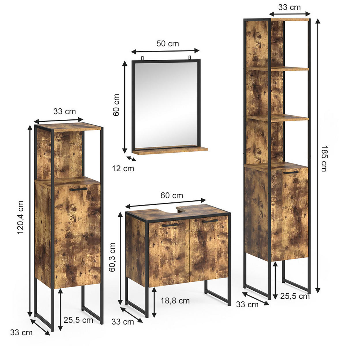 BADMÖBEL-SET Fyrk Antikholz 4 Teile, mit Hochschrank - Alteiche/Schwarz, Holzwerkstoff (60/60/33cm) - Vicco
