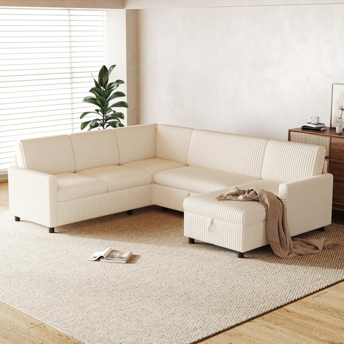 SOFA U Oblik na Razvlačenje Cord 220x274x85 cm Bež - bež, tekstil (274/85/220cm) - FLIEKS