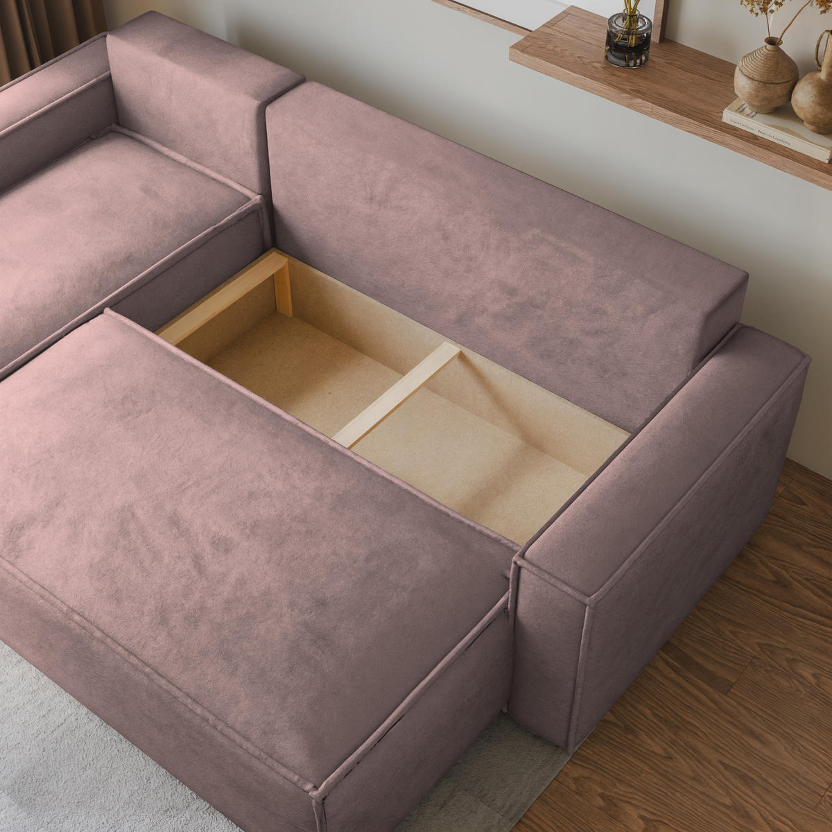 ECKSOFA RAVELO M Lila Velours-Stoff mit Schlaffunktion - Lila, Holz (240/140cm) - MASSENO