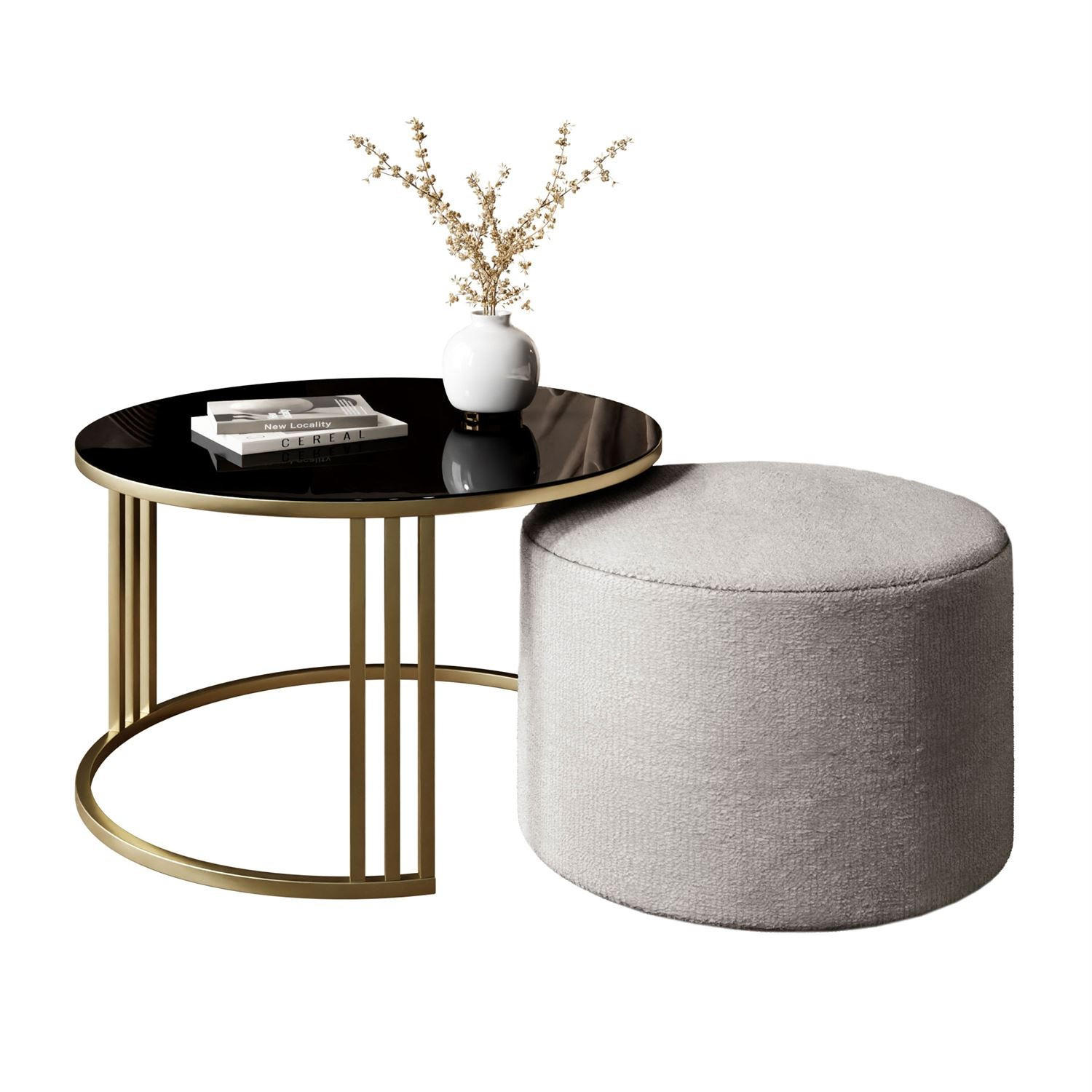 COUCHTISCH mit Hocker LORI GLASS gebürstetes Gold/schwarzes Glas/Perfect Harmony 82 - Schwarz, Metall (70/70/49cm) - Lookway