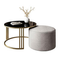 COUCHTISCH mit Hocker LORI GLASS gebürstetes Gold/schwarzes Glas/Perfect Harmony 82 - Schwarz, Metall (70/70/49cm) - Lookway