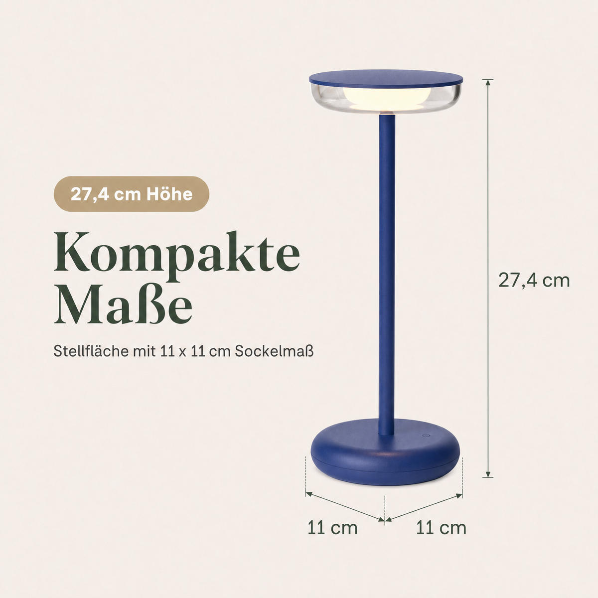 LED-TISCHLAMPE Blau Dimmbar Akku 1800mAh 180lm warmweiß Touch USB-C Nachttischleuchte Höhe 27,4 cm - Blau, Kunststoff (11/11/27.4cm) - Northpoint
