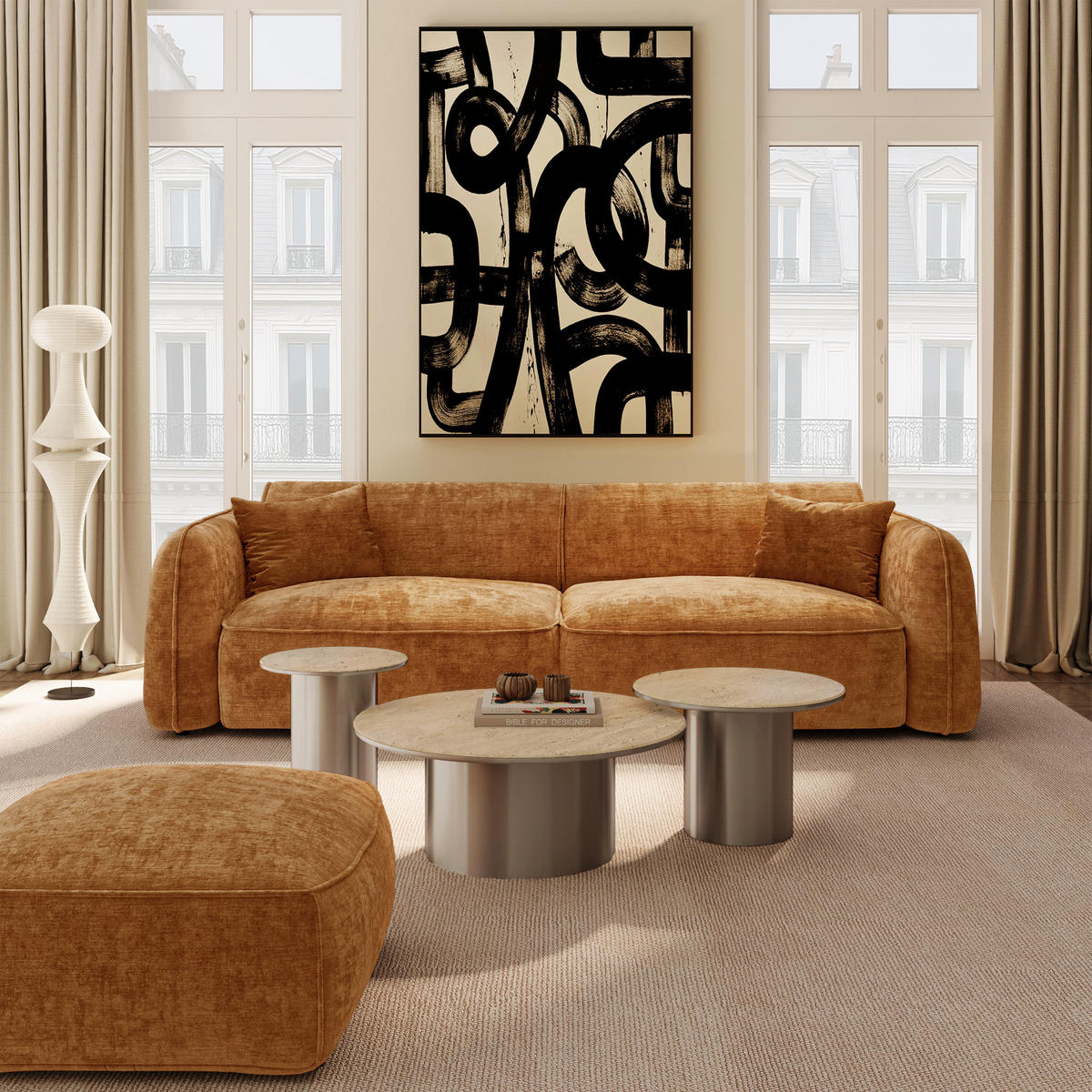 SOFA LOMI Geprägter Samt Karamell 235cm - Braun, Textil (235/74/90cm) - Premium Interiors