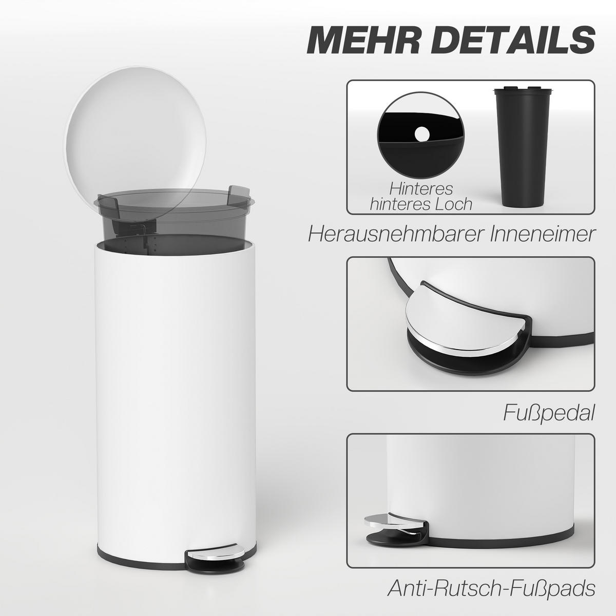 MÜLLEIMER 30L Treteimer mit Deckel Fußpedal Inneneimer, Wohnzimmer Büro Metall - Weiß, Kunststoff (30/63.5/36cm) - HOMCOM