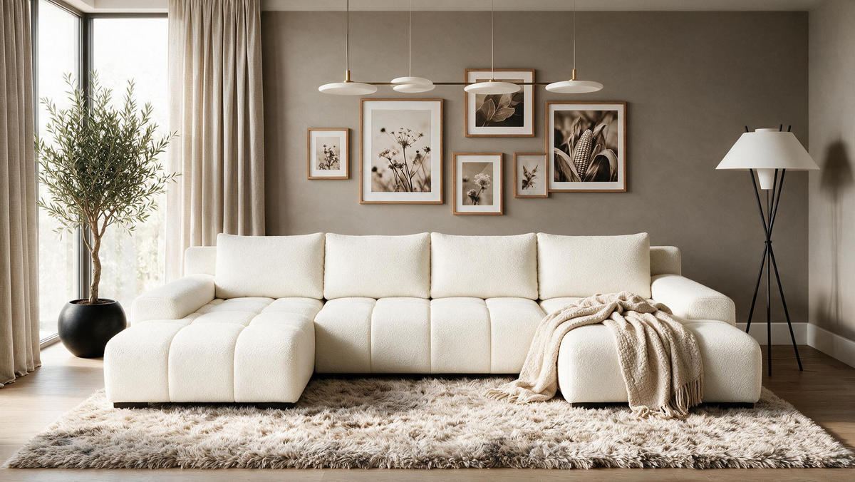 WOHNLANDSCHAFT OVIA U mit Bettkasten und Schlaffunktion, Bouclé-Stoff in U-Form - Beige, Textil (350/80/185cm)