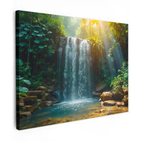LEINWANDBILD Wasserfall - Dschungel - Sonne - Grün - Natur Wandbilder 80x60 cm - Grün, Textil (80/60cm) - MuchoWow