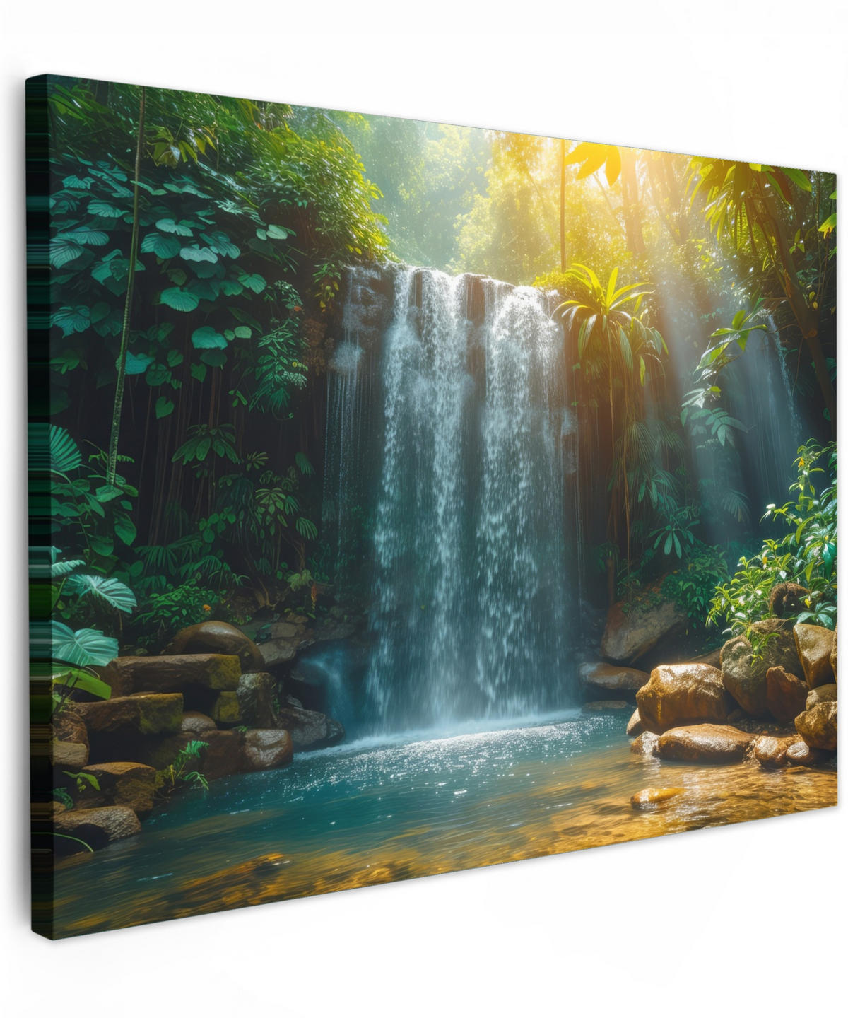 LEINWANDBILD Wasserfall - Dschungel - Sonne - Grün - Natur Wandbilder 80x60 cm - Grün, Textil (80/60cm) - MuchoWow