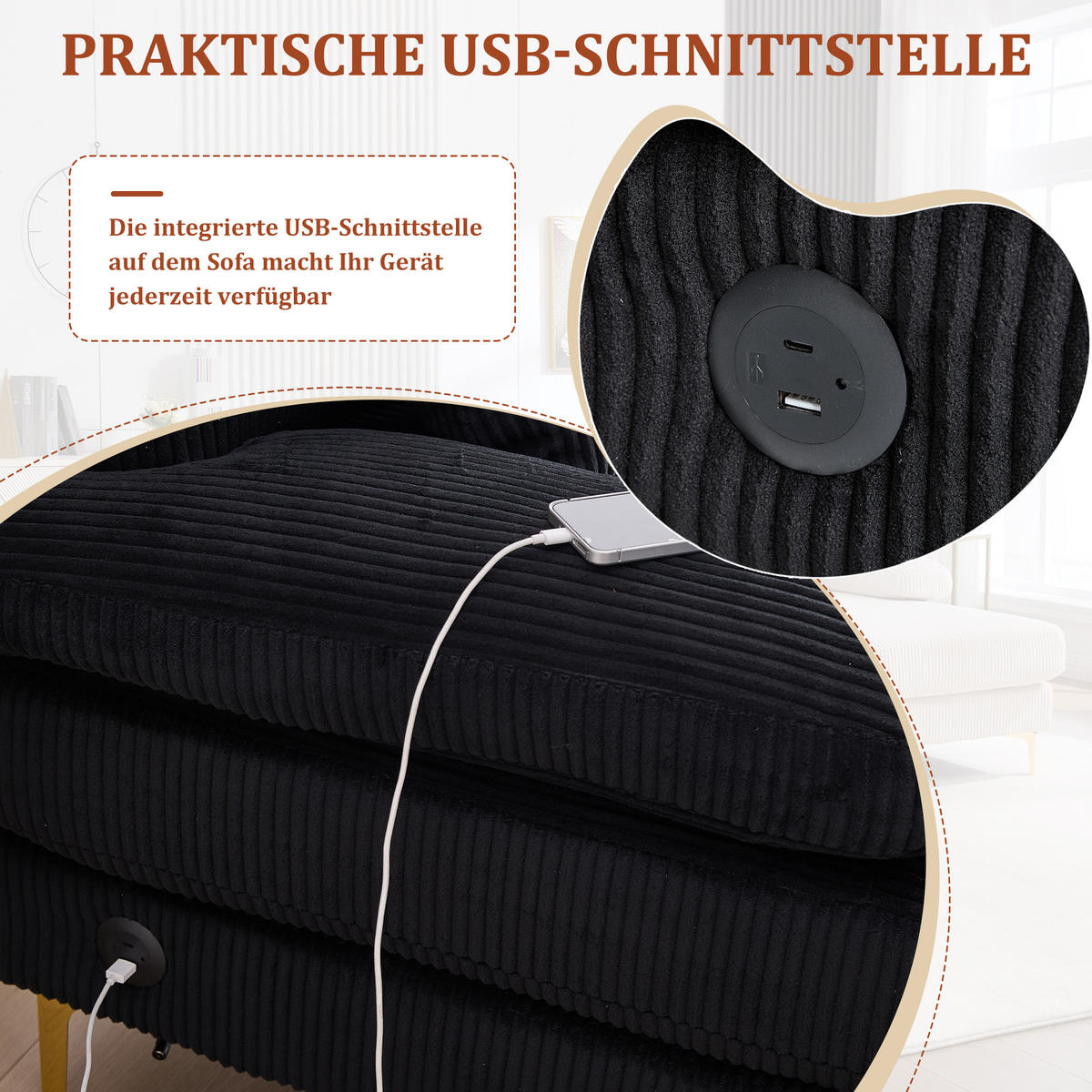 U-SOFA Wohnlandschaft Samt mit LED-Beleuchtung und USB-Anschluss 265/135/88 cm Schwarz - Schwarz, Textil (135/88/265cm) - Redom