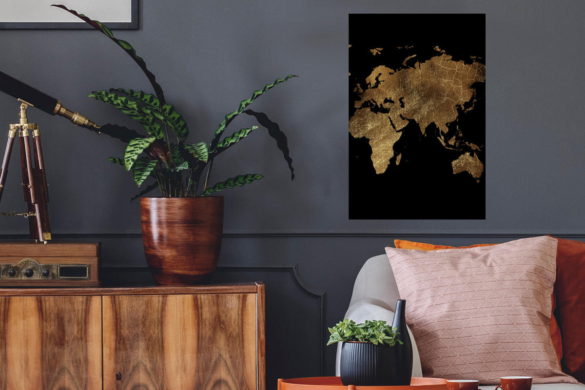 WANDTATTOO Weltkarte - Gold - Luxus - Erde - Schwarz 40x60 cm - Goldfarben, Kunststoff (40/60/0.1cm) - MuchoWow