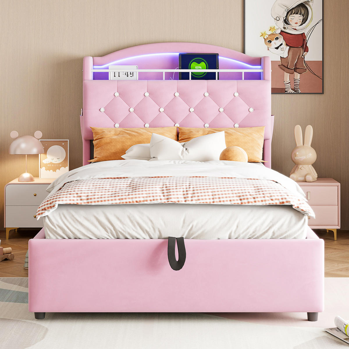 POLSTERBETT 90/200 cm rosa mit Stauraum und LED-Beleuchtung - Pink, Textil (90/200cm) - OKWISH