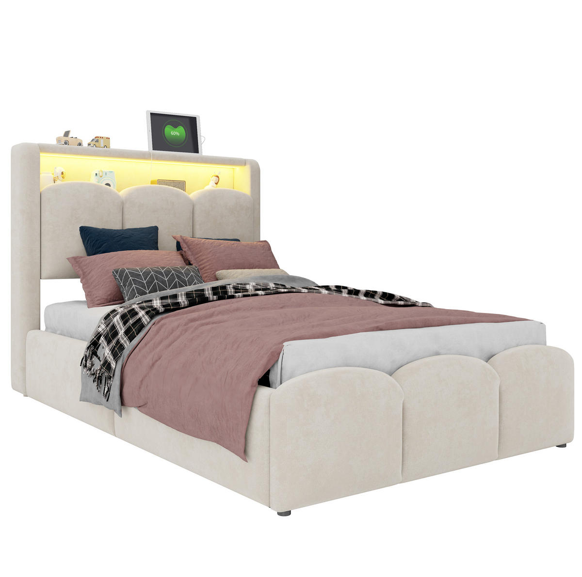 ČALOUNĚNÁ postel 90x200 cm s USB a Typ-C, LED osvětlením, úložným prostorem a sametovým čalouněním, Béžová - béžová, textil (90/200cm) - Redom
