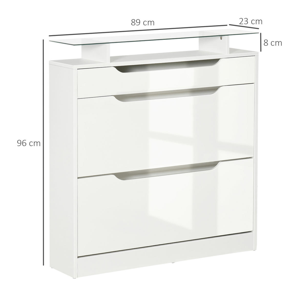 SCHUHSCHRANK DE-14974 2 Klapp-Schubladen und 1 Schubfach und Glasablage Weiß - Weiß, Holzwerkstoff (89/96/23cm) - ComfortXL