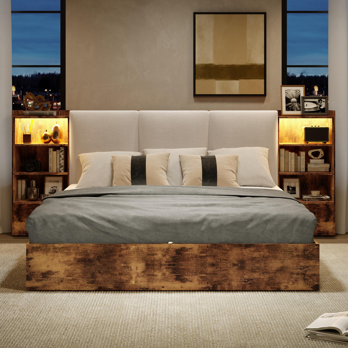 POLSTERBETT 180/200 cm in Braun mit Bettkasten, LED und 6 Staufächern Leinen - Braun, Holzwerkstoff/Textil (180/200cm) - STILVORA