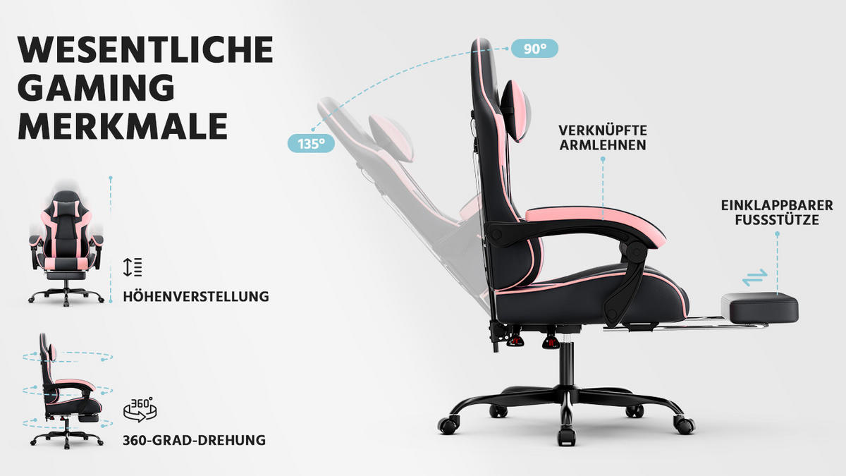 GAMINGSTUHL Schwarz-Rosa 58,5/63/120,5 cm - Pink, Metall (58.5/120.5/63cm) - PANGIVO