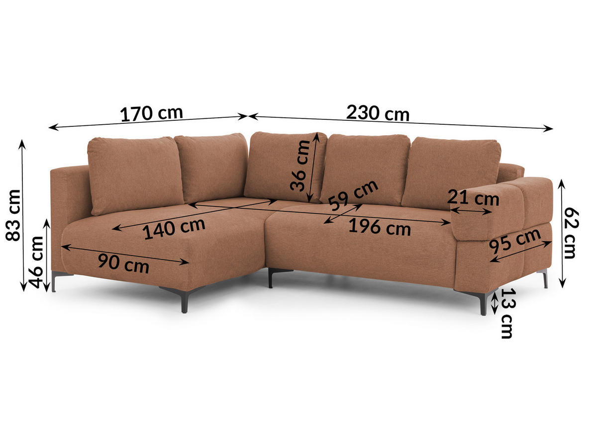 ECKSOFA Cardea in Bubble-Optik aus weichem Terrakotta Strukturstoff mit hohem Sitzkomfort - Ottomane links - Terracotta/Schwarz, Holz/Textil (170/230cm) - S-Style Möbel