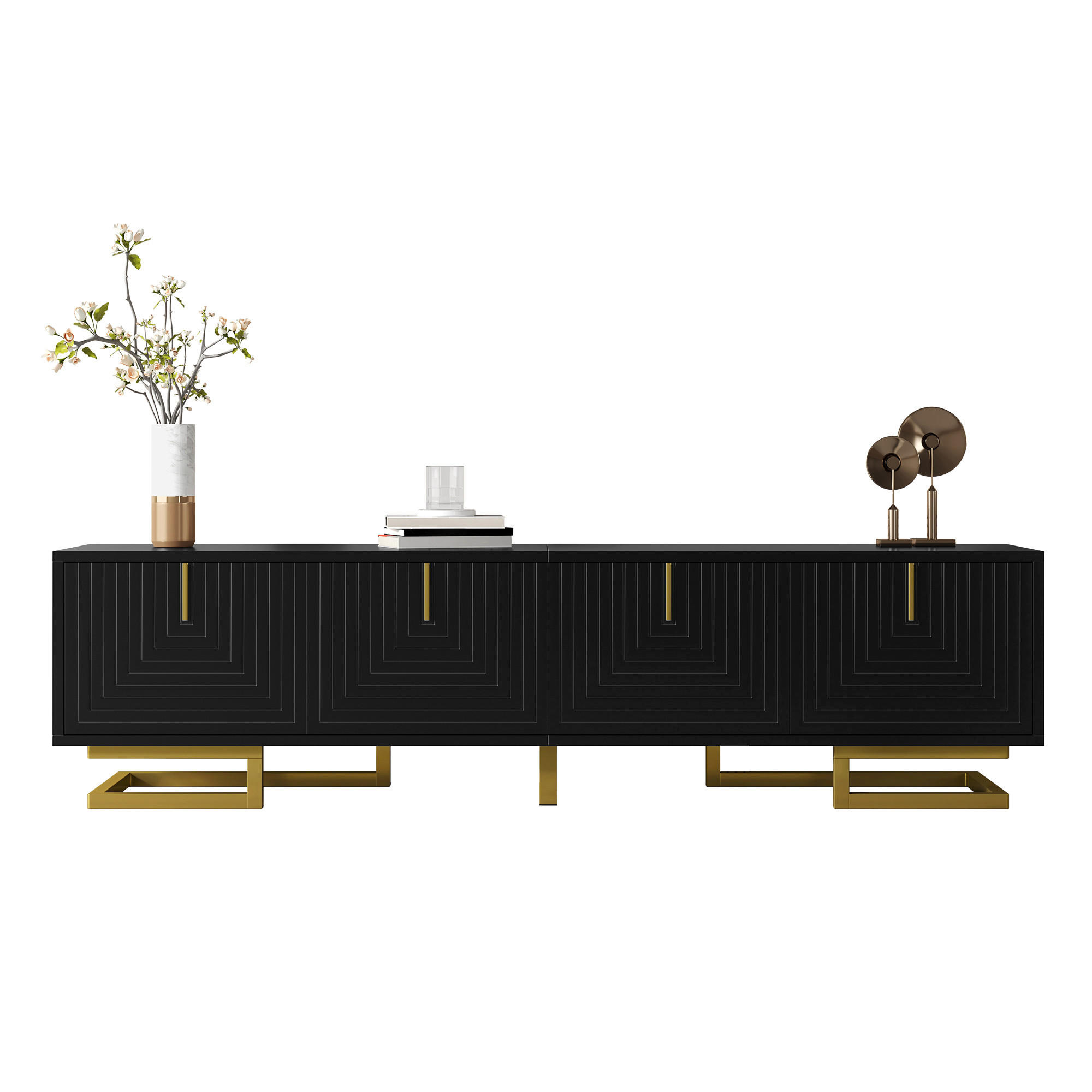 LOWBOARD in Schwarz TV-Schrank mit strukturierten Türen und goldenen Griffen für Wohnzimmer, B160/T38/H44.5 cm - Goldfarben/Schwarz, Holzwerkstoff/Metall (160/44.5/38cm) - STILVORA