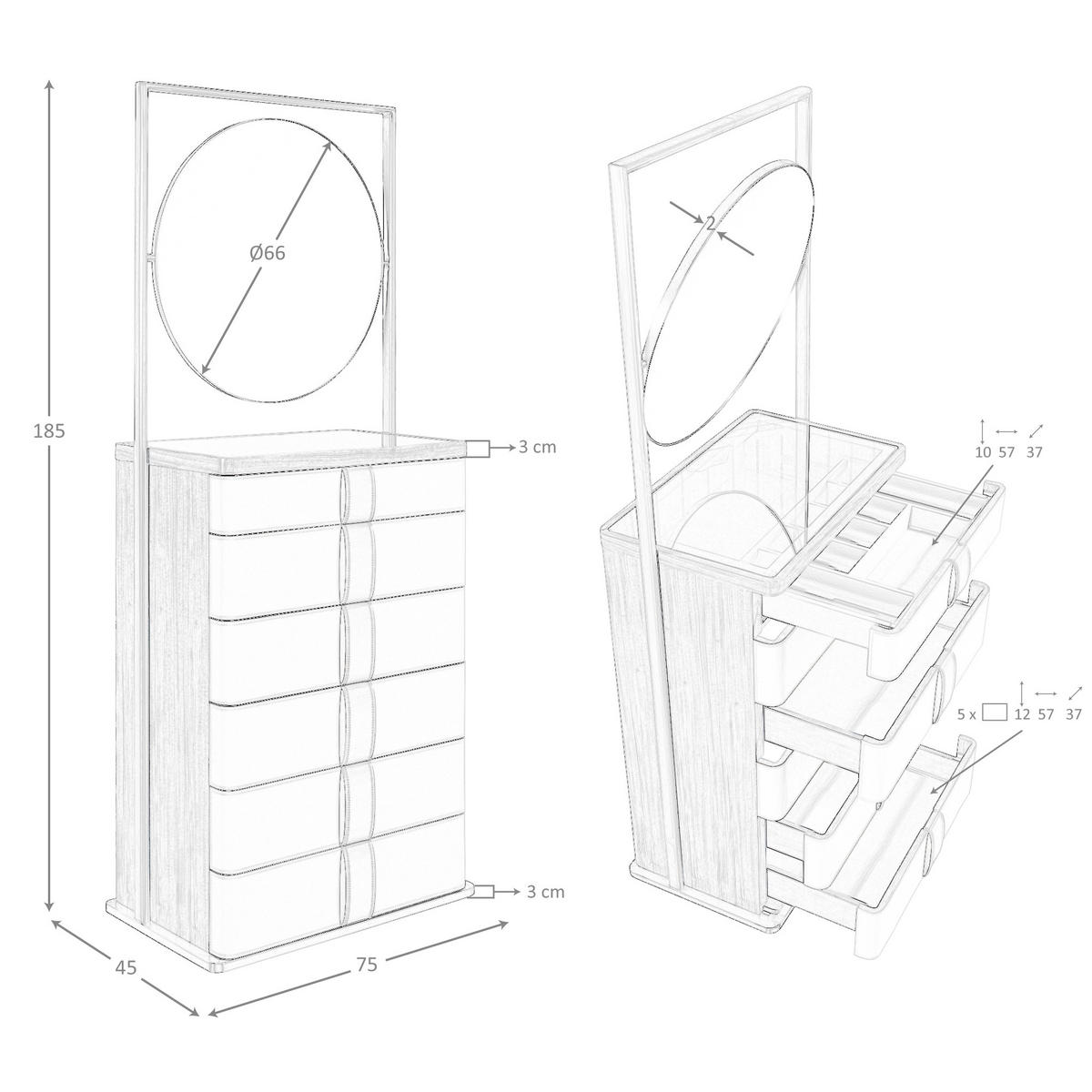 HIGHBOARD Chiffonier Leder, Nussbaum, grauer Stahl und braune Rauchglasplatte mit Spiegel 75/45/185 cm - Silberfarben/Multicolor, Leder/Glas (75/185/45cm) - ANGEL CERDA