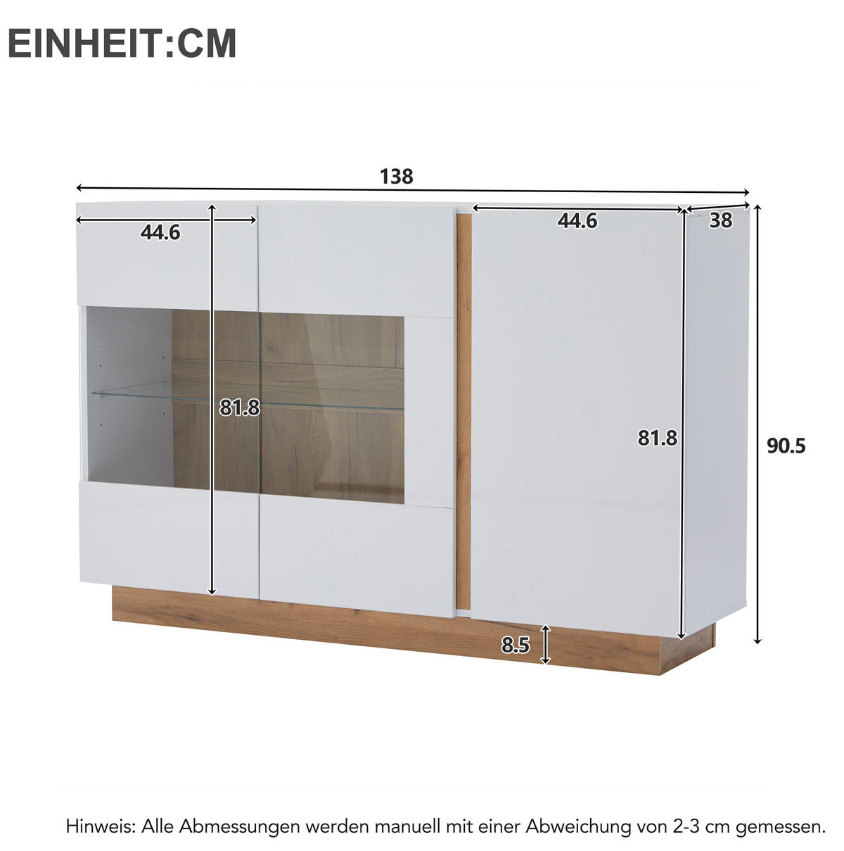 SIDEBOARD aus Spanplatte und Glas 138x38,5x90,5 cm Weiß Hochglanz mit RGB-LED-Beleuchtung - Weiß, Holzwerkstoff (138/90.5/38cm) - IVMEU
