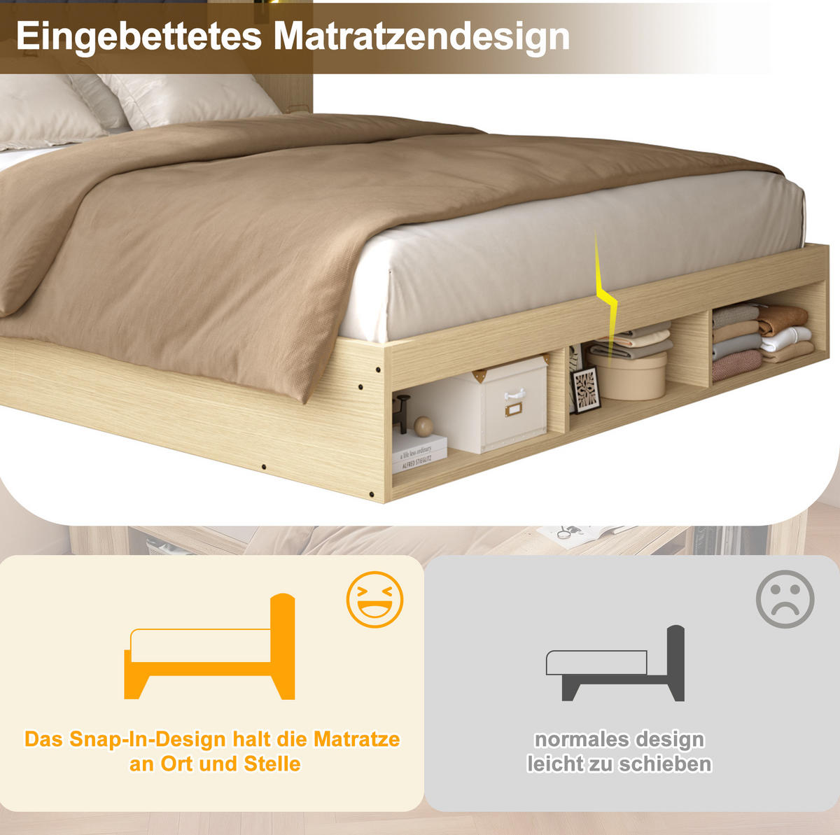POLSTERBETT 180/200 cm in heller Eiche mit Stauraum, 2 Nachttischen und USB - Eichefarben, Holzwerkstoff (180/200cm) - Flora Grace