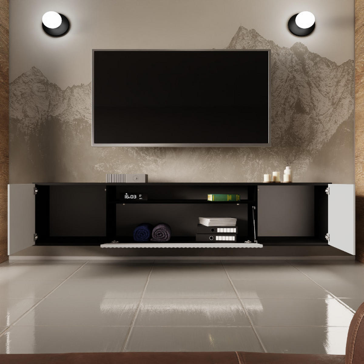 TV-SCHRANK Noe 200 cm, dreitürig, schwarz, weiß - Schwarz/Weiß, Kunststoff (200/40/41cm) - Margaret Hadas24