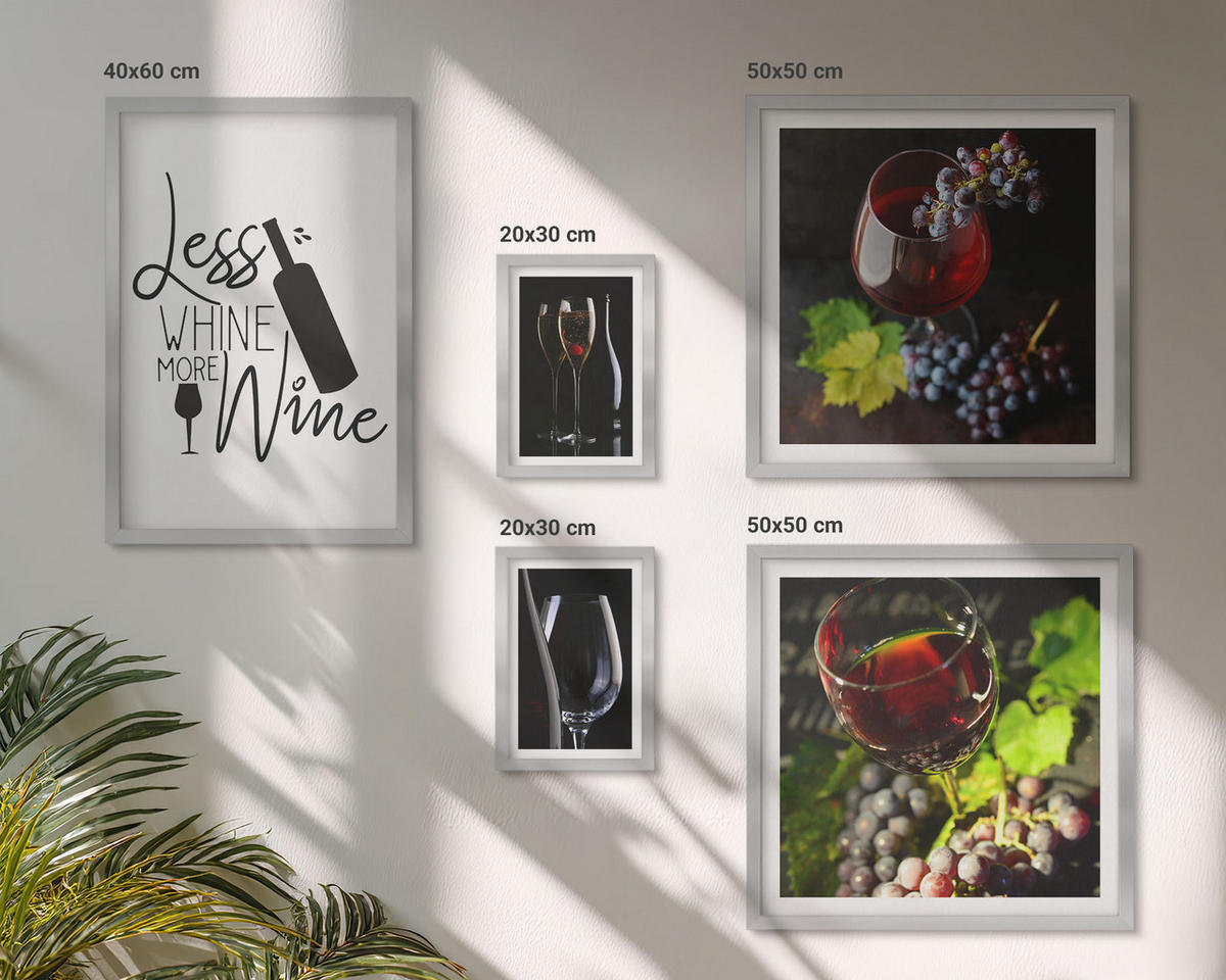 BILDER SET 5er Set - 50x50 cm & 20x30 cm & 40x60 cm Silberner Rahmen - Weingläser mit Trauben und Inschrift - Silberfarben, Kunststoff (40/60cm) - TULUP
