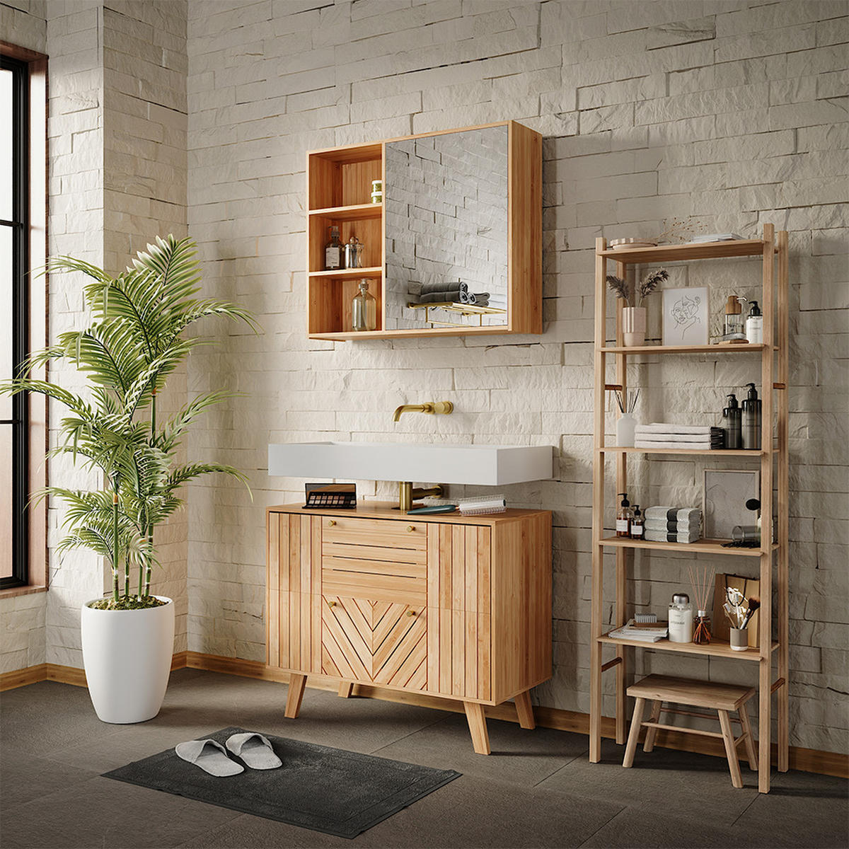 BADMÖBEL-SET Lucie Bambus 2 Teile - Grün, Holzwerkstoff (80/65/36cm) - Vicco