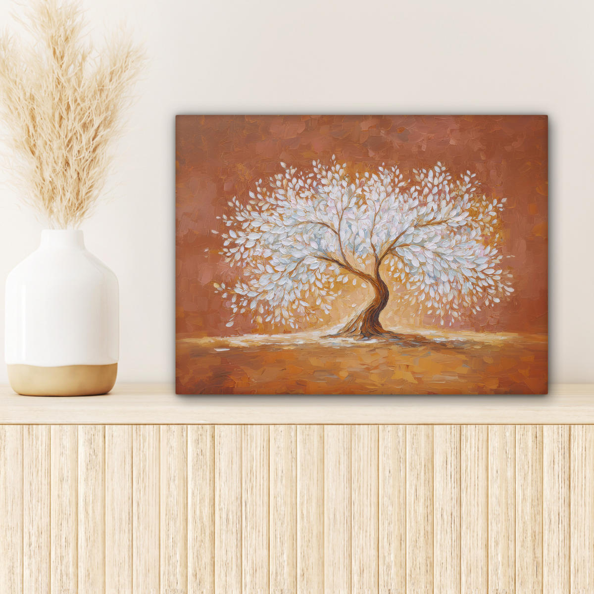 LEINWANDBILD Abstrakt - Baum - Weiß - Blätter Wandbild 40x30 cm - Braun, Textil (40/30cm) - MuchoWow