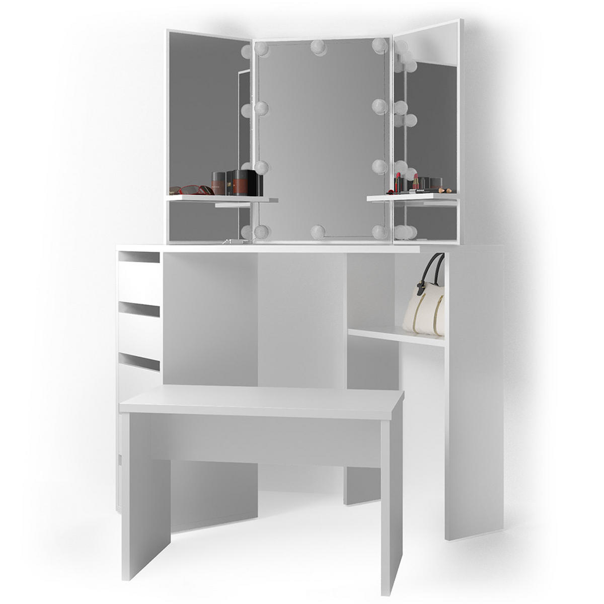 ECKSCHMINKTISCH Arielle Weiß 110 cm mit LED Beleuchtung und Bank - Weiß, Holzwerkstoff (110/141.5/54cm) - Vicco