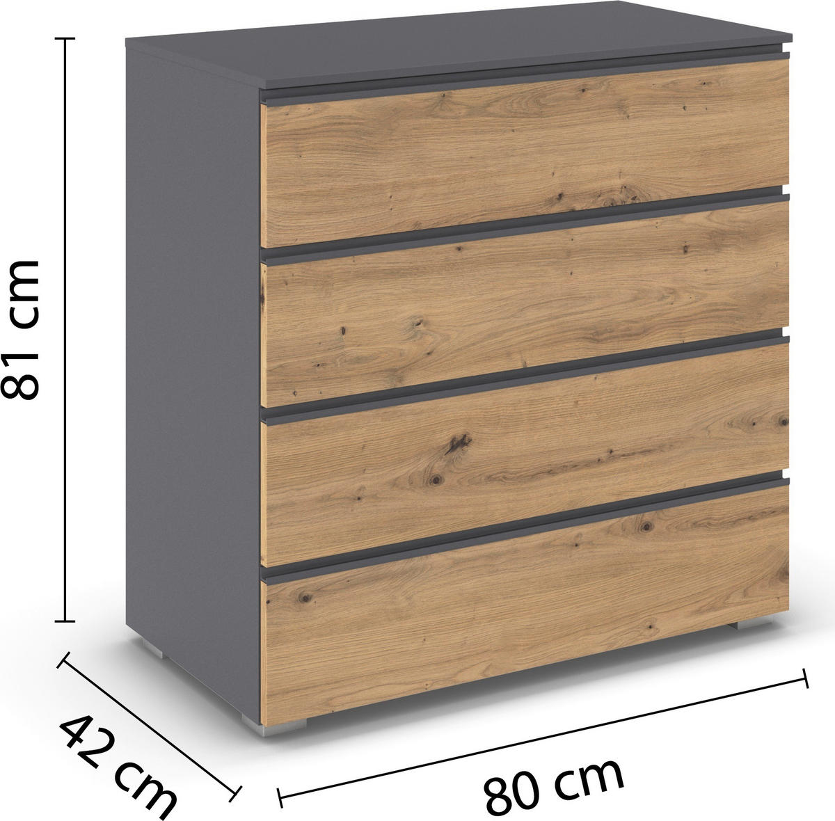JUGENDZIMMER Joel in Grau Metallic und Artisan Eiche 4 teilig – mit 4trg Kleiderschrank, 140er Bett, Nachttisch und Kommode - Grau, Holzwerkstoff (80/200/120cm)