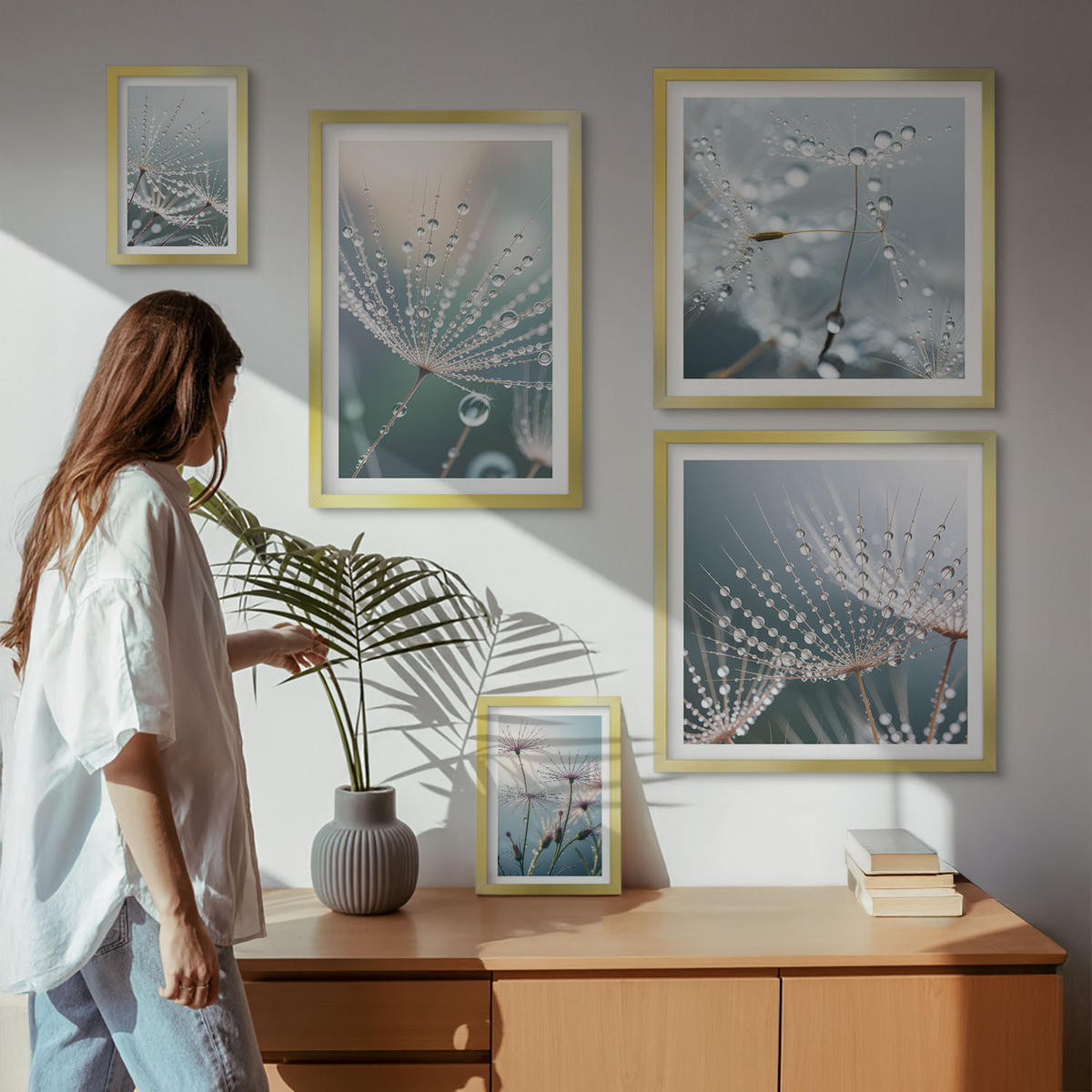 WANDBILDER 5er Set - 50x50 cm & 20x30 cm & 40x60 cm Goldrahmen - Lineare abstrakte Motive - Goldfarben, Kunststoff (40/60cm) - ArtPrintCave