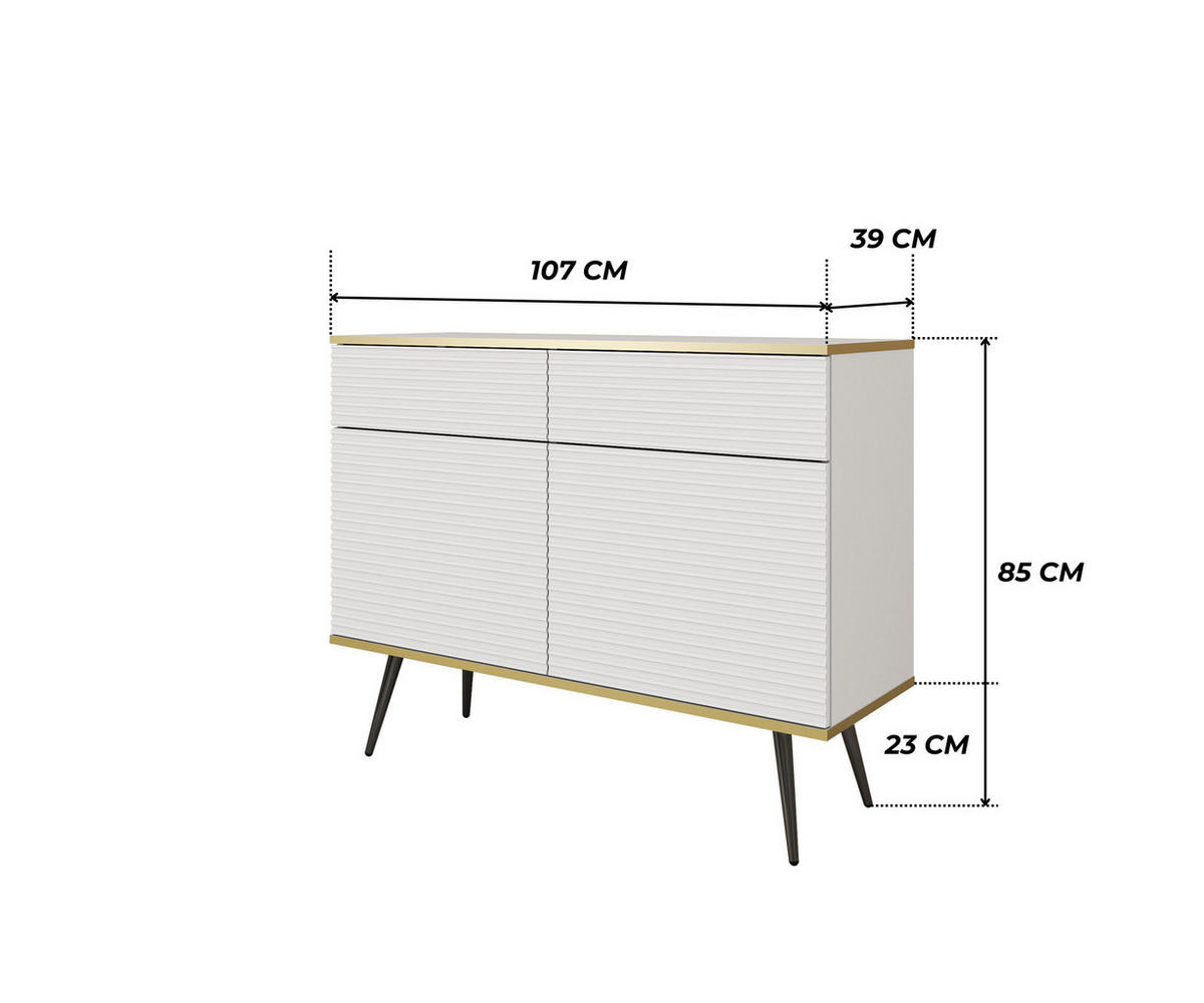 KOMMODE FORNO (Weiß, Rillenfront, Goldene Details, 2 Türen, 2 Schubladen, schwarze Metallfüße, 107 cm) - Schwarz/Weiß, Holz/Holzwerkstoff (107/85/39cm) - Ravio